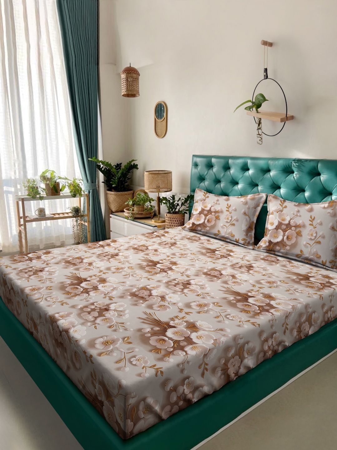 KLOTTHE Cream Floral Printed Flat 300 TC King 7D Bedsheet With 2 Pillow Cover