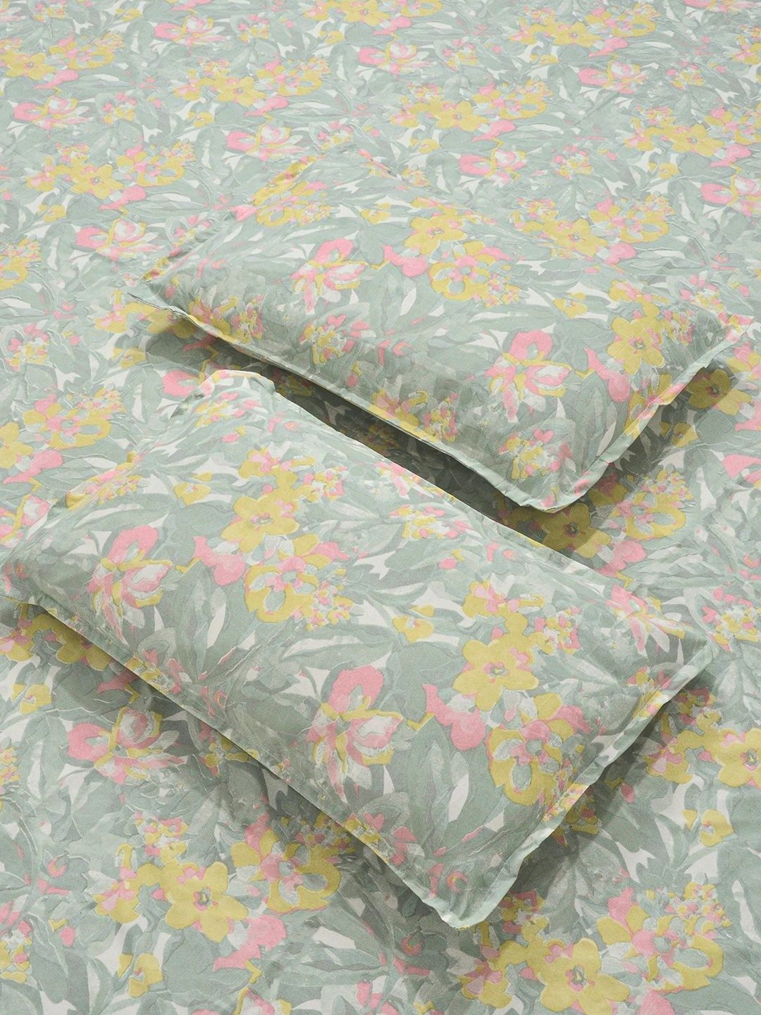 KLOTTHE Green & Pink Floral 300 TC Cadar King dengan 2 Sarung Bantal