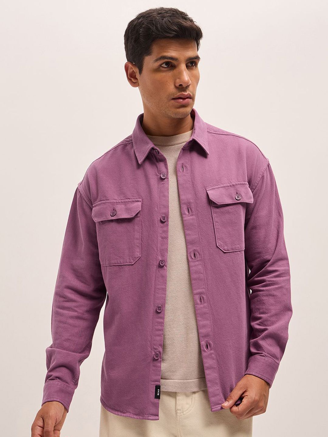 THE BEAR HOUSE Men Spread Collar Solid Cotton Relaxed Fit Casual Shirt