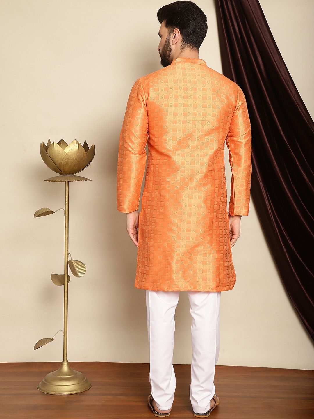 Anouk Orange Mandarin Collar Geometric Woven Design Jacquard Silk Kurta with Pyjamas