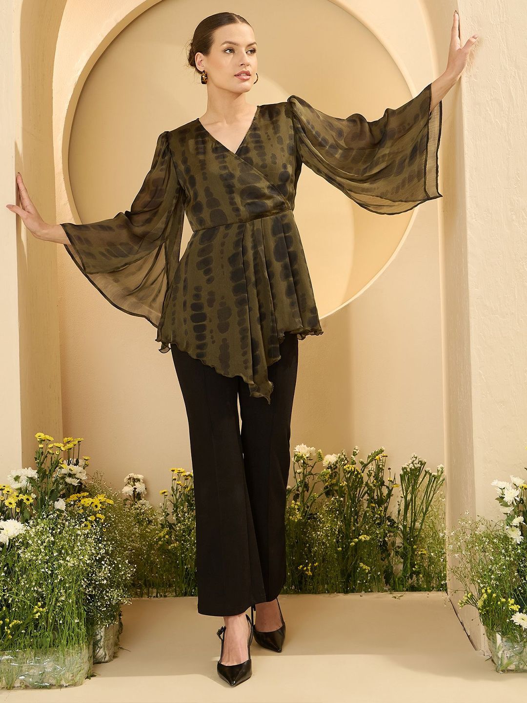 Antheaa Tie & Dye Flared Sleeves Satin Wrap Top with Asymmetric Hem