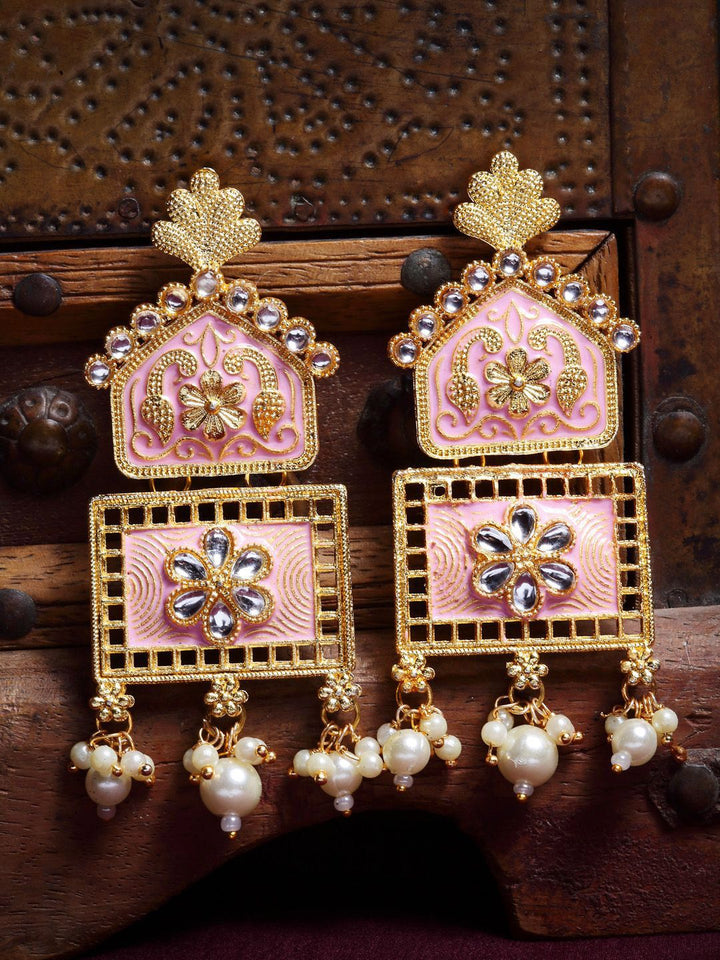 Anouk Pink & White Gold Plated Kundan Stone Studted & Beaded Square Drop Earrings