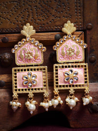 Anouk Pink & White Gold Plated Kundan Stone Studted & Beaded Square Drop Earrings