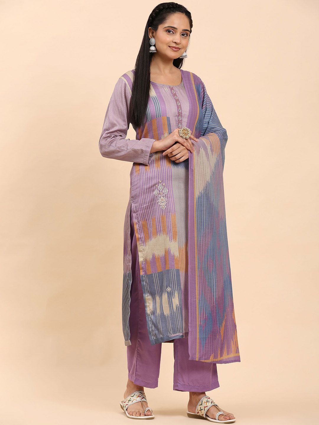 Mamicha Wanita Bercetak Kurta Kapas Tulen Biasa dengan Palazzos & Dengan Dupatta