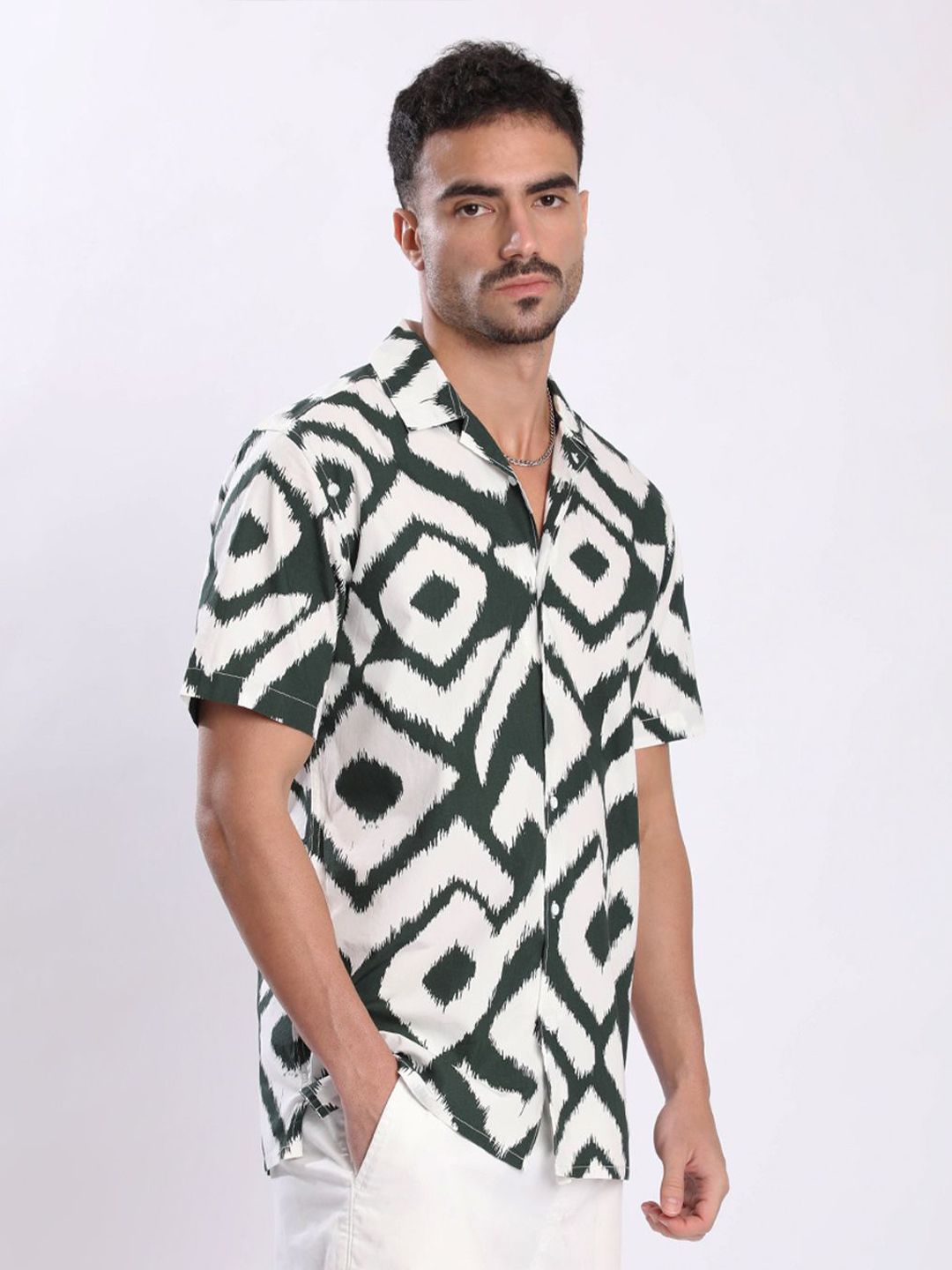 Bene Kleed Men Geometric Printed Cuban Collar Cotton Casual Shirt