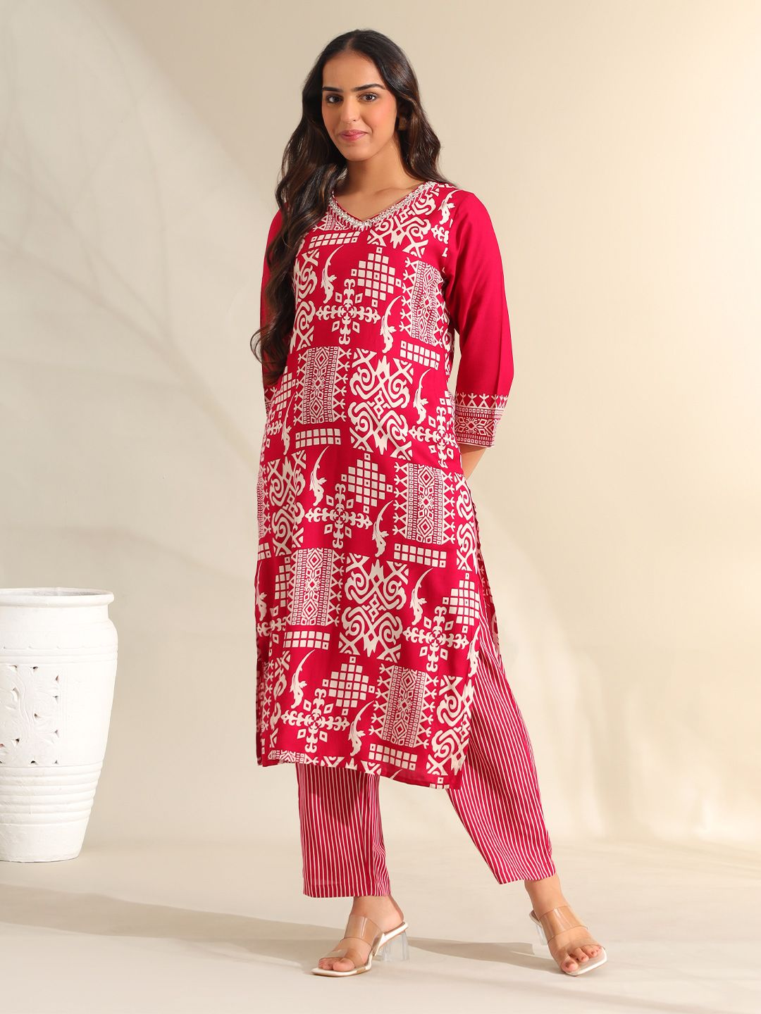 Mamicha Women Ethnic Motifs Printed Regular Beads and Stones Pure Cotton Kurta with Trousers