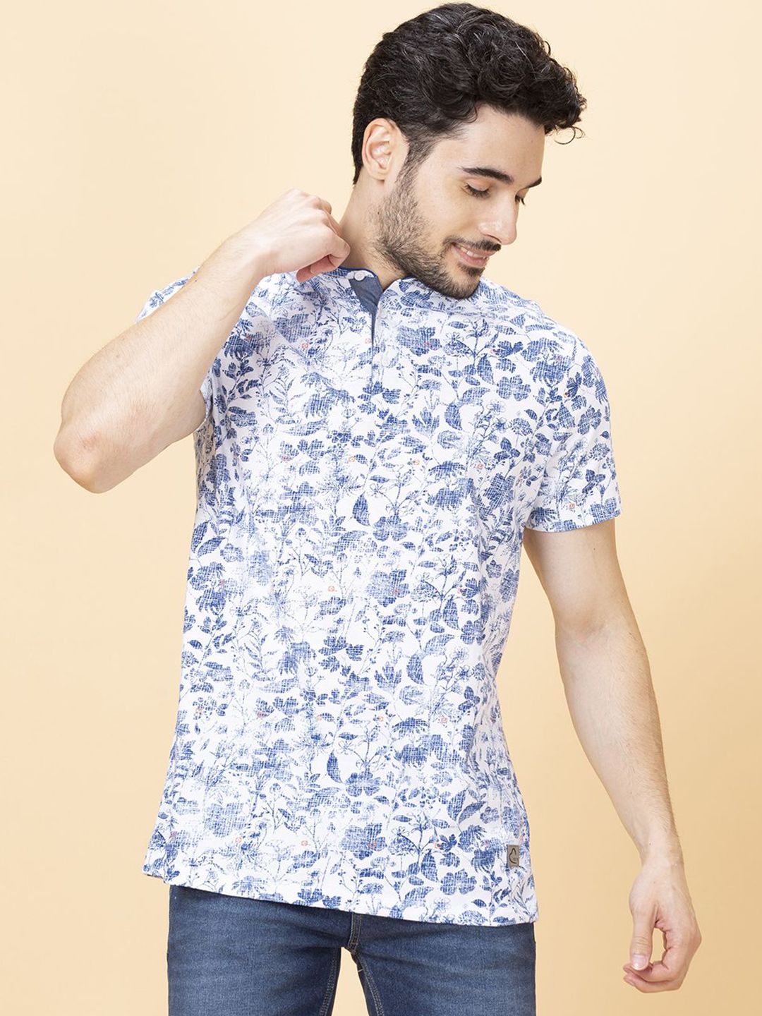 Being Human Men Floral Henley Neck Pockets T-shirt