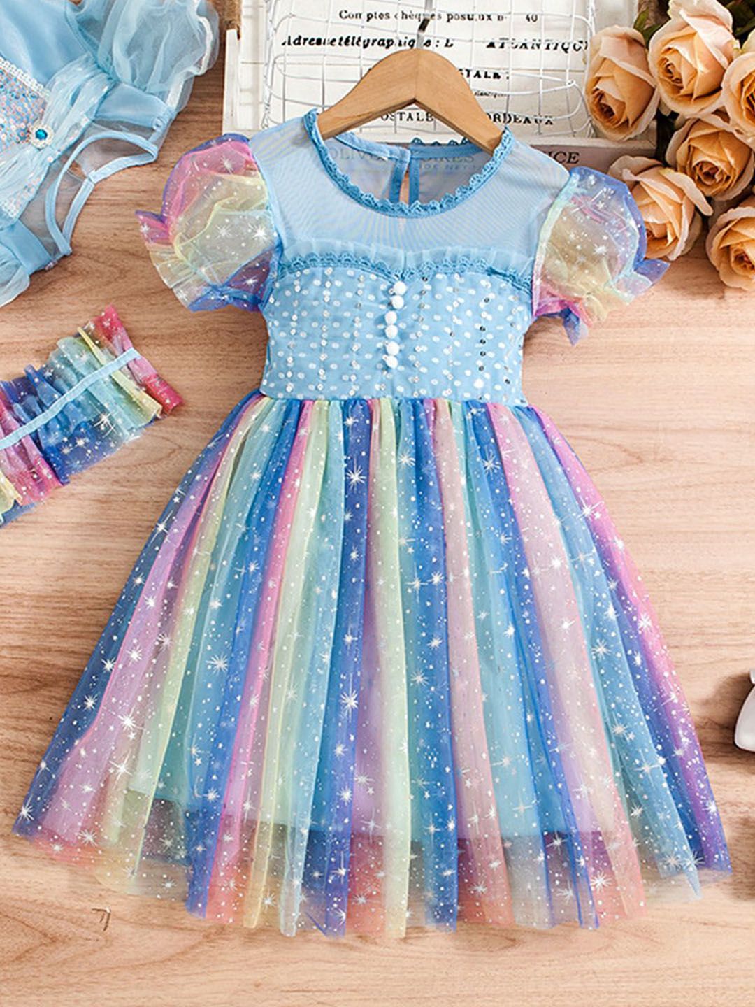 YK Girls Embellished Puff Sleeve Fit & Flare Dress