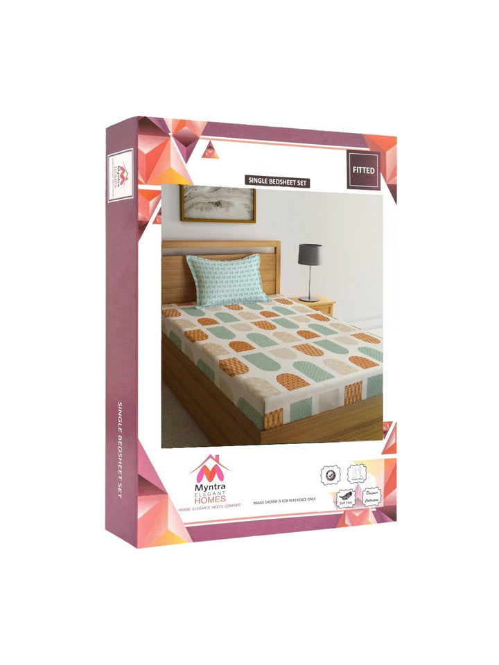 Myntra Elegant Homes Off White Geometric Polycotton Breathable 300 TC Fitted Single Fine Bedsheet with a Pillow Cover-59 x 87 inches