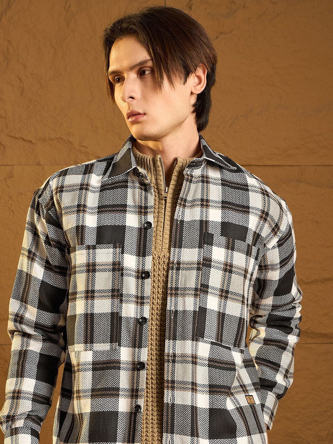 DENNISON Men Double Pocket Drop Shoulder Oversized Cotton Checked Shacket