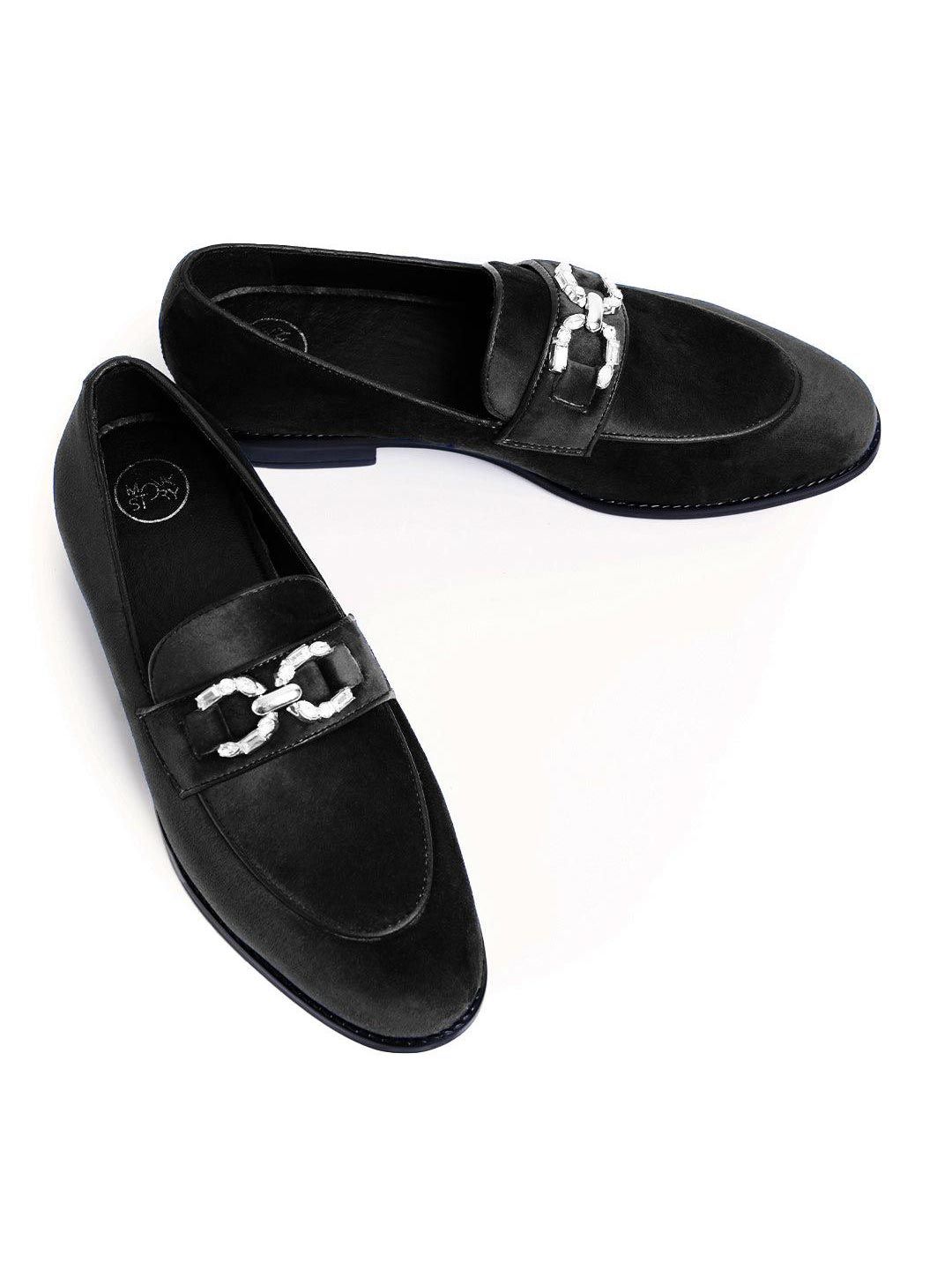 Monkstory Men Royal Black Velvet Crystal Bit Loafers