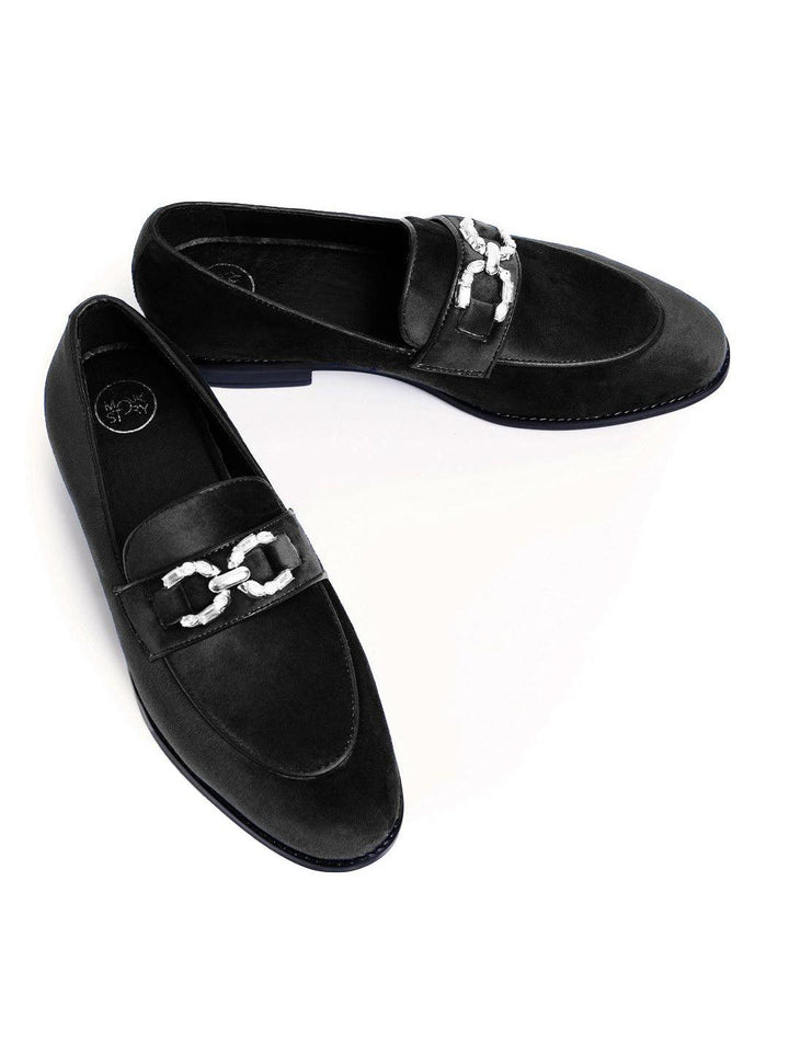 Monkstory Men Royal Black Velvet Crystal Bit Loafers