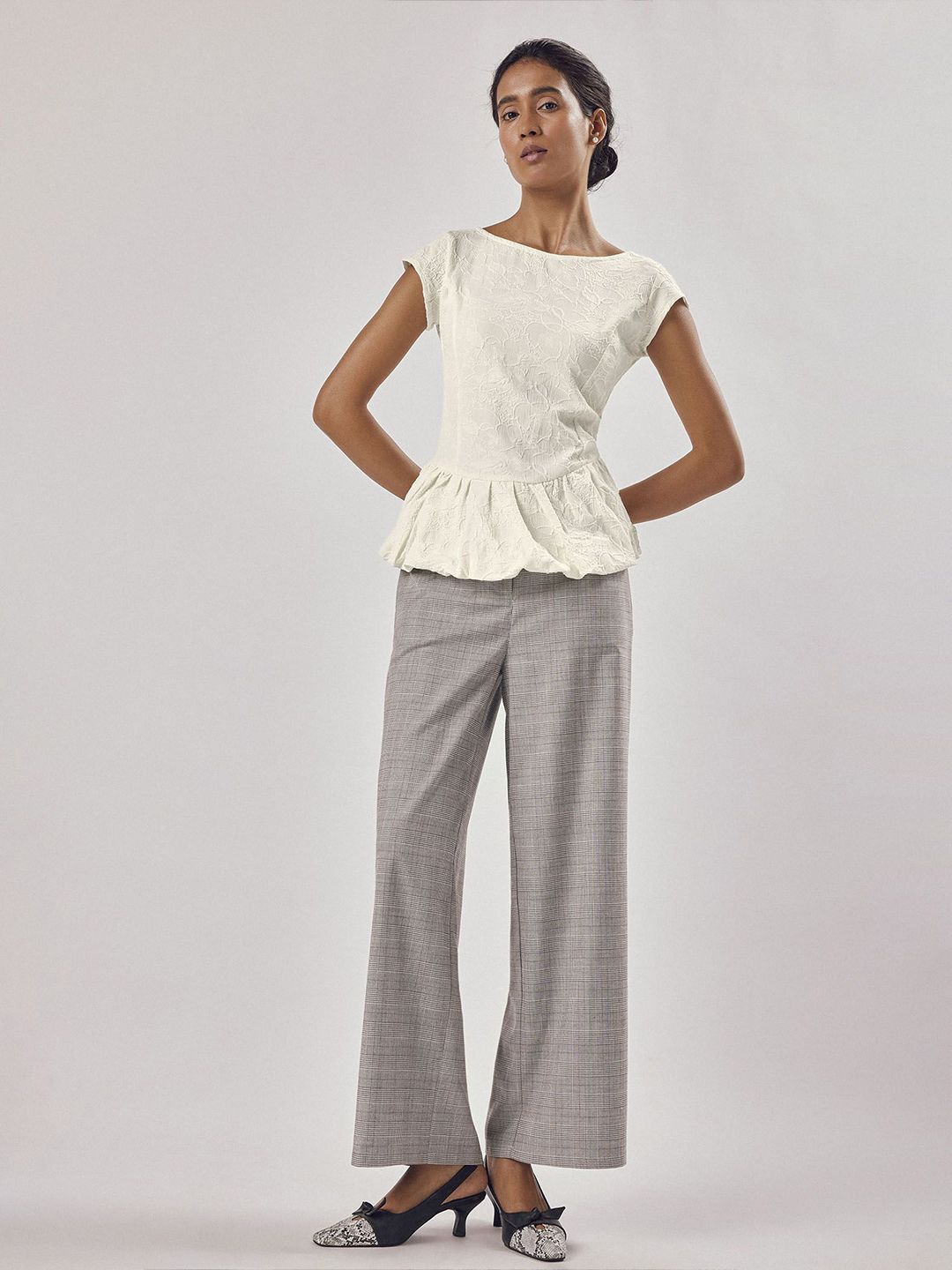 The Label Life Women Ivory Jacquard Bubble Hem Top