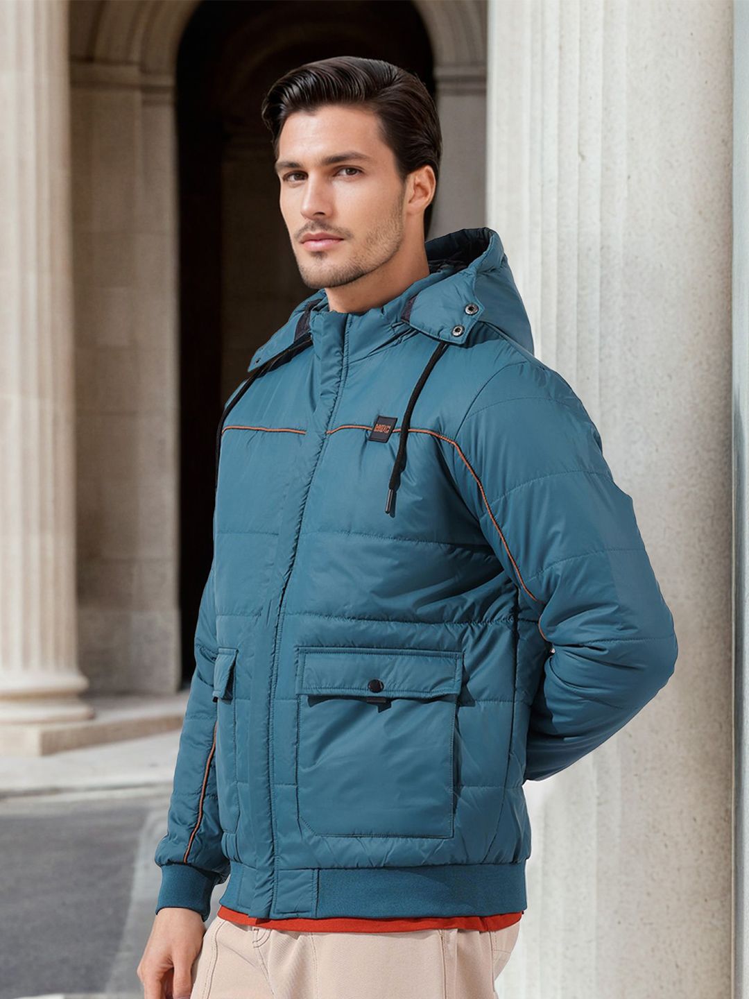 The Indian Garage Co Men Men Regular Fit Badges Hooded Puffer Jacket