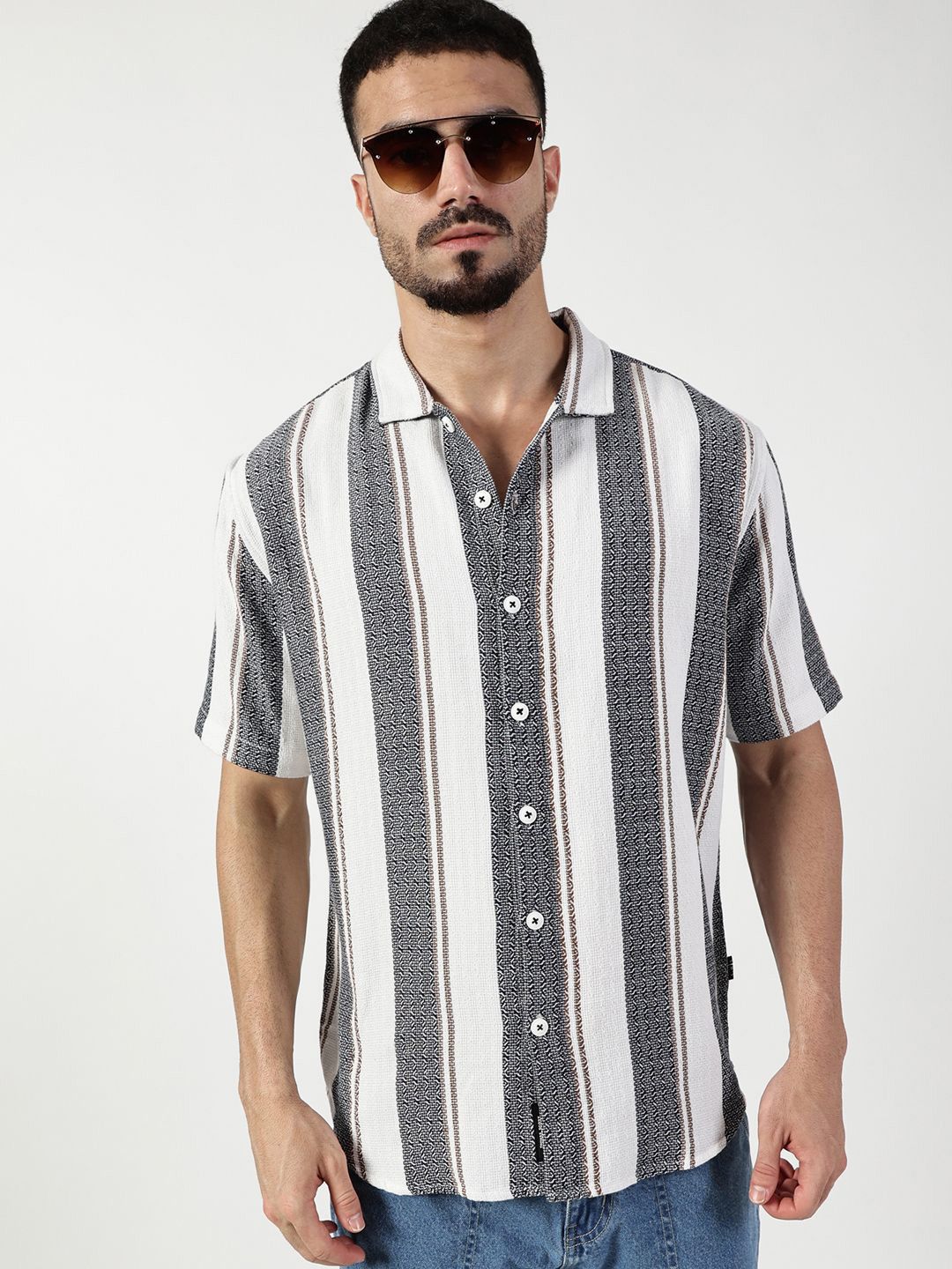 Thomas Scott Men Premium Spread Collar Vertical Striped Cotton Slim Fit Casual Shirt