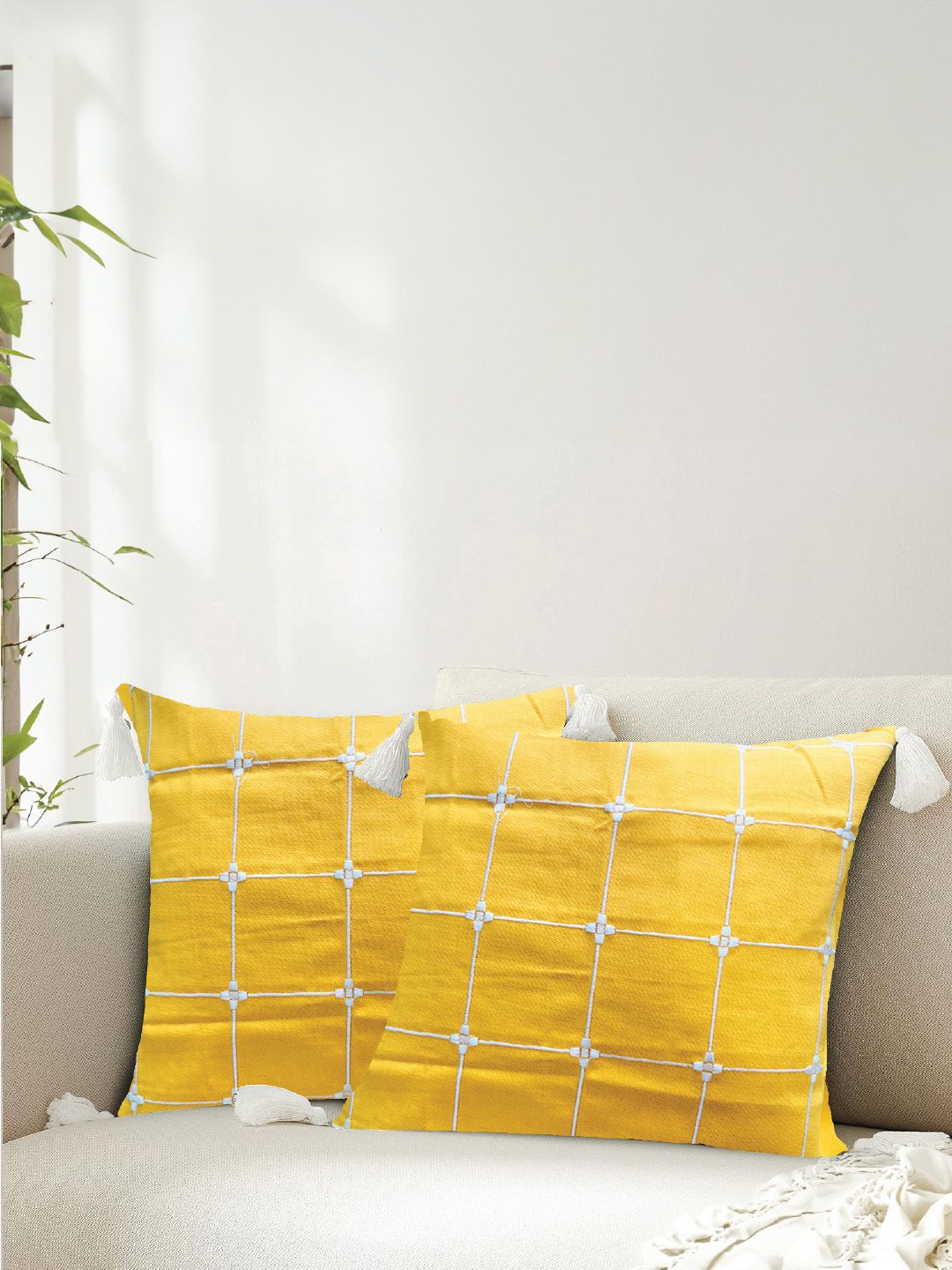 URBAN SPACE Yellow & White 2 Pieces Embroidered Pure Cotton Square Cushion Covers