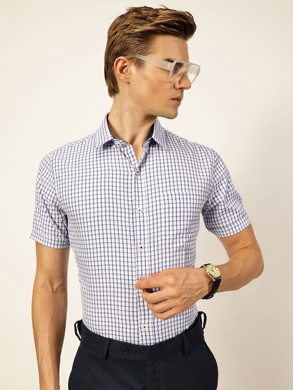 Thomas Scott Men Smart Spread Collar Gingham Checked Cotton Formal Shirt