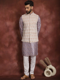 Anouk Striped Mandarin Collar Knee Length Regular Kurta with Churidar