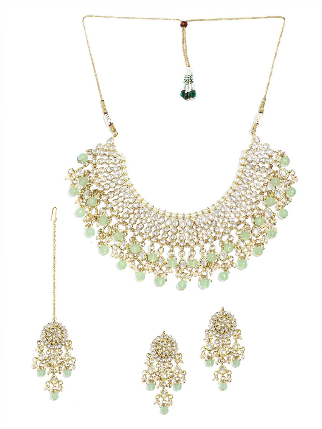 KARATCART Gold-Plated Lime-Green Kundan-Studded Choker Handcrafted Jewellery Set
