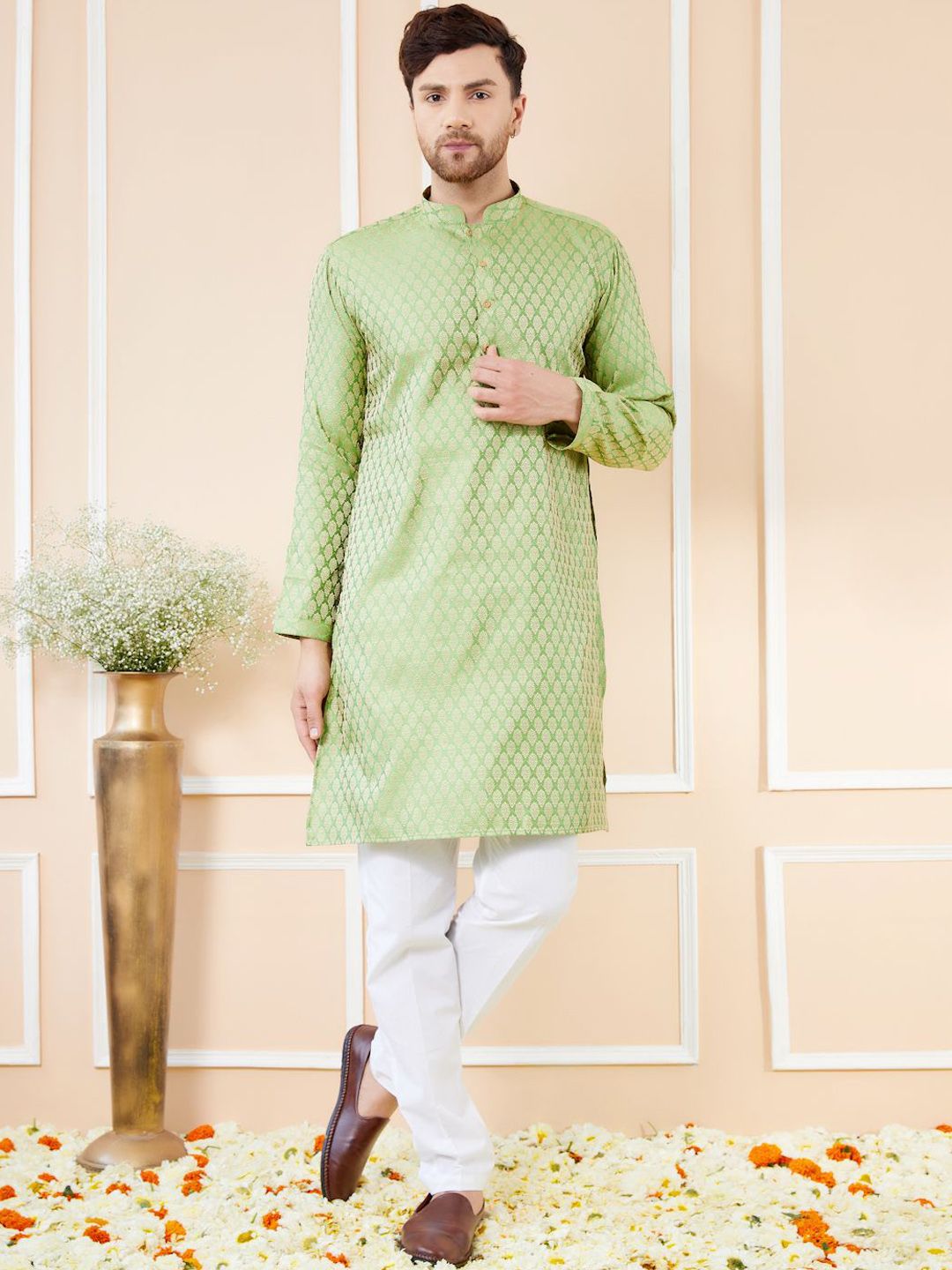 See Designs Ethnic Motifs Woven Design Mandarin Collar Pure Silk Straight Kurta