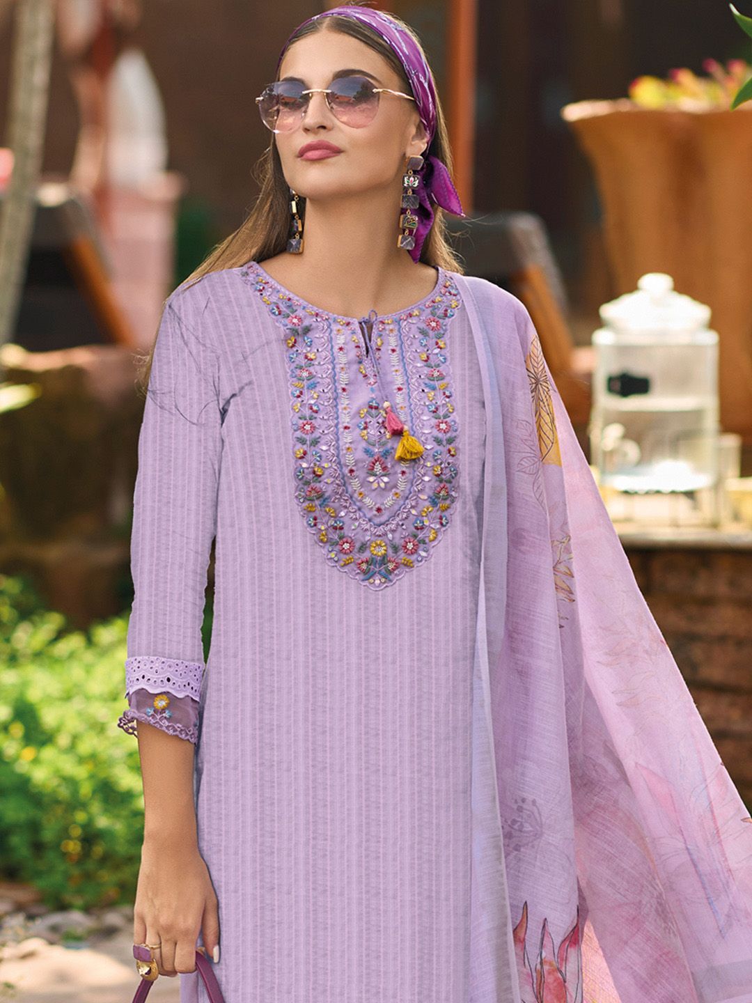 Indo Era Lavender Floral Embroidered Tie Up Neck Pure Cotton Kurta with Trousers & Dupatta