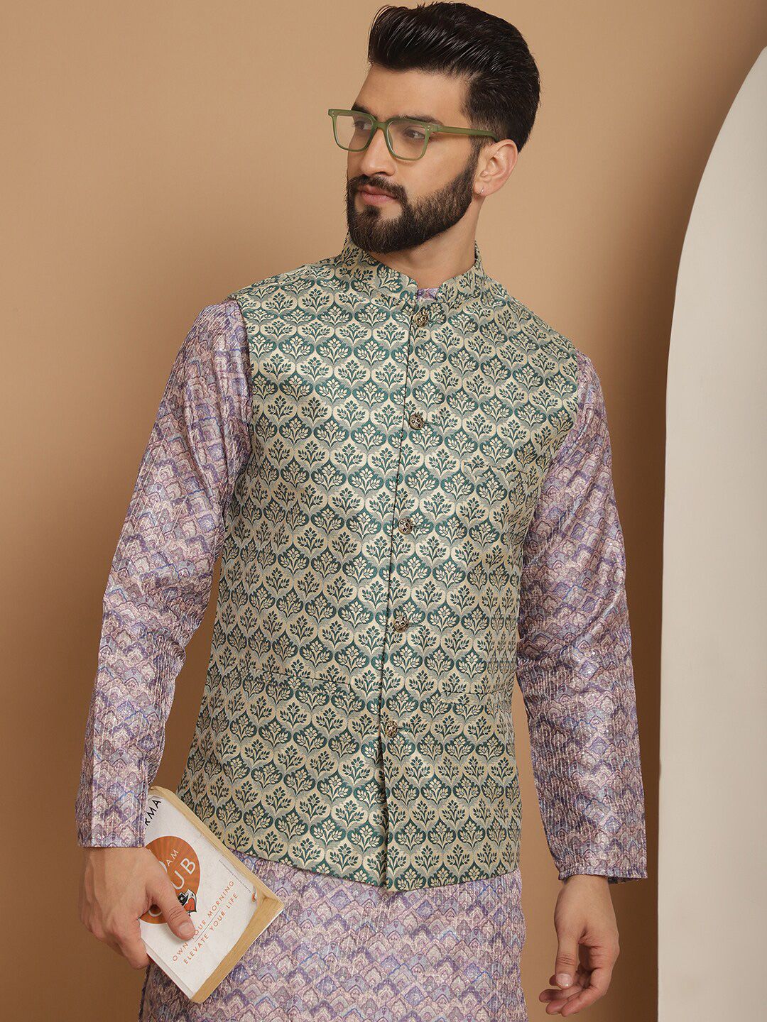 Anouk Striped Regular Jacquard Silk Printed Thread Work Straight Kurta with Churidar