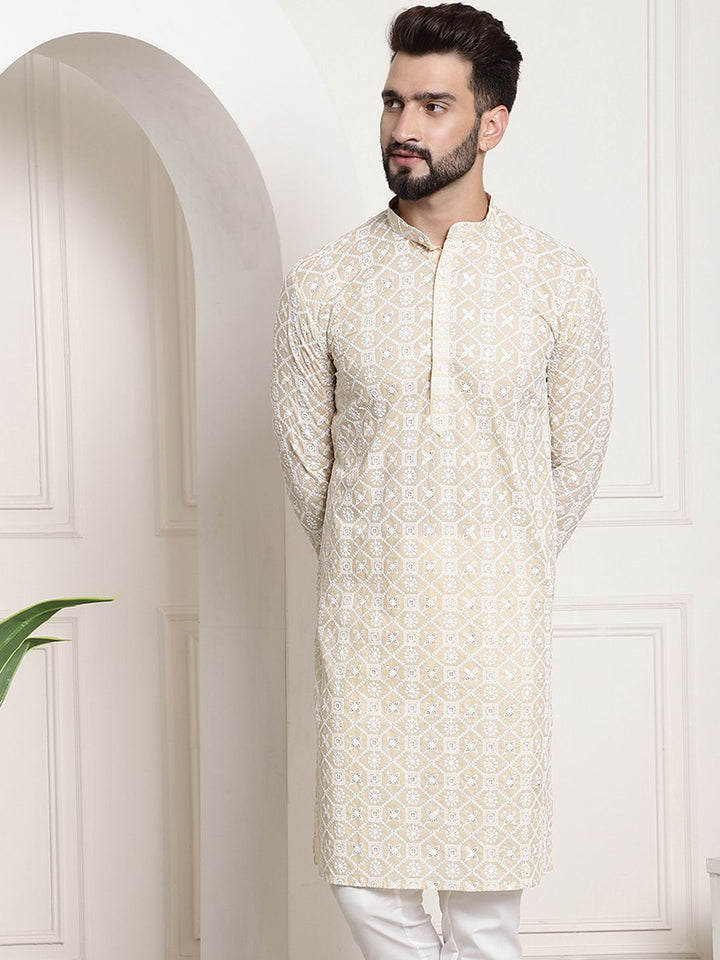 SOJANYA Band Collar Ethnic Motifs Embroidered Thread Work Cotton Kurta