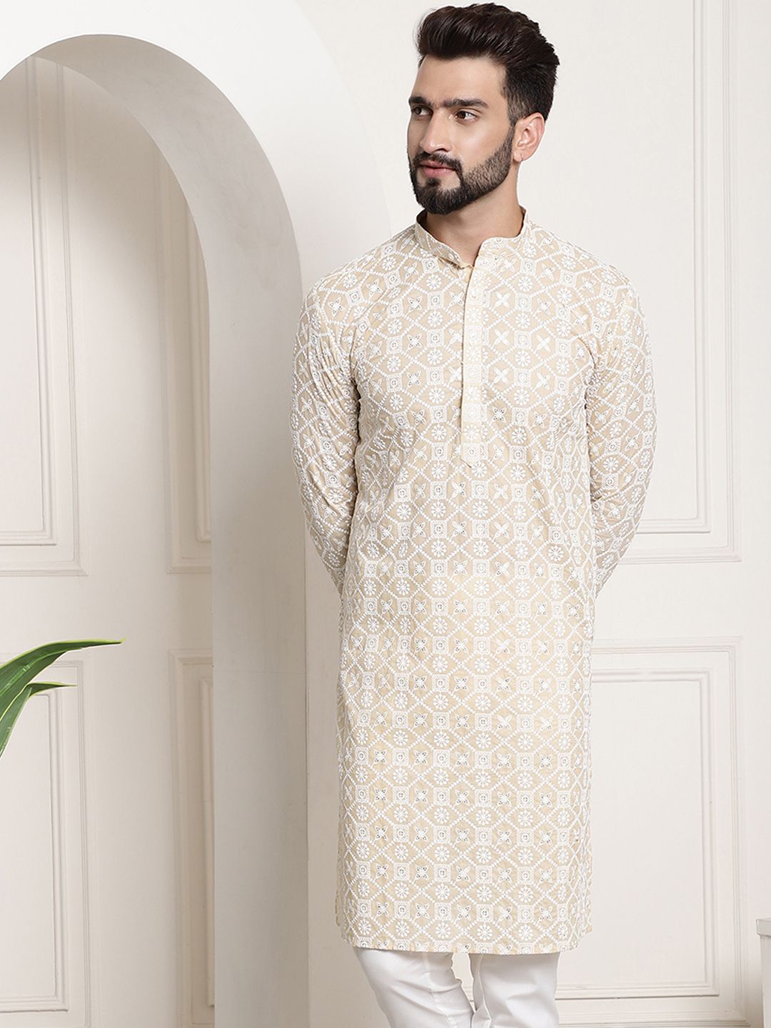 SOJANYA Band Collar Ethnic Motifs Embroidered Thread Work Cotton Kurta