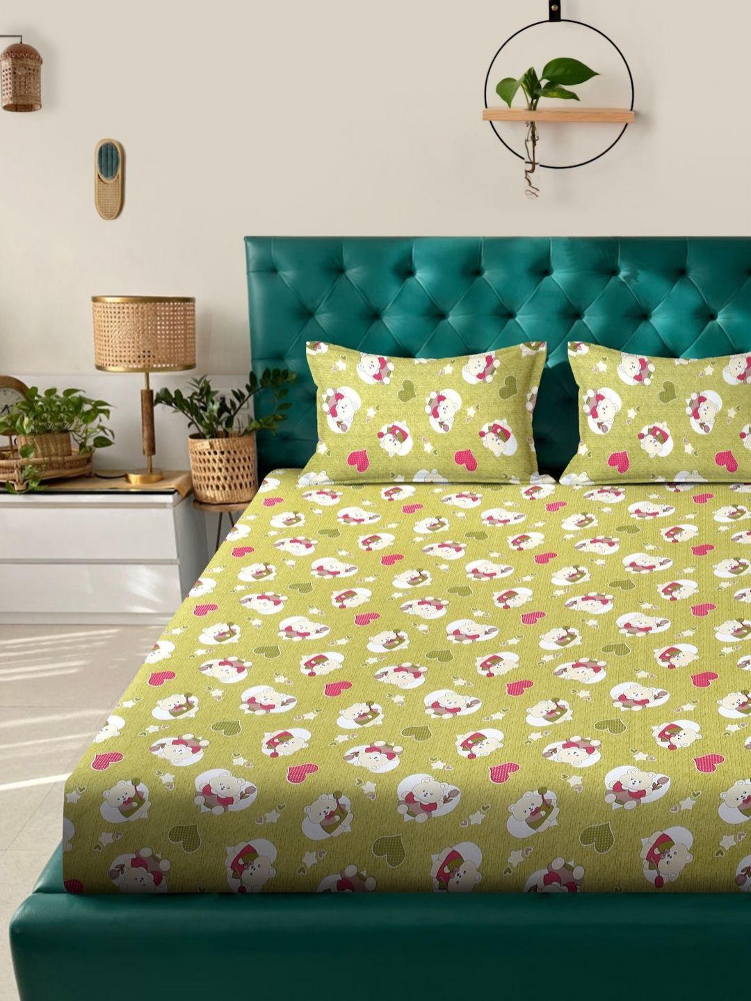 Myntra Elegant Homes Green Printed Cotton 400 TC Fitted King Bedsheet Set-2.5mX2.25m