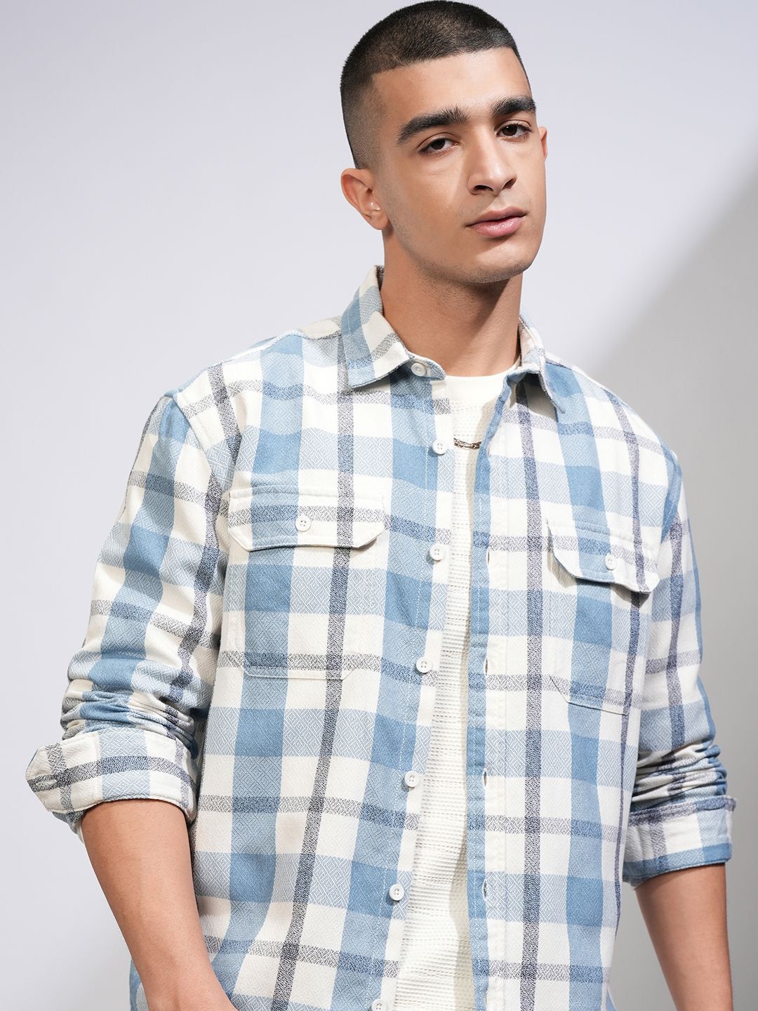 HIGHLANDER Men Relaxed Fit Spread Collar Tartan Checked Cotton Casual Shirt