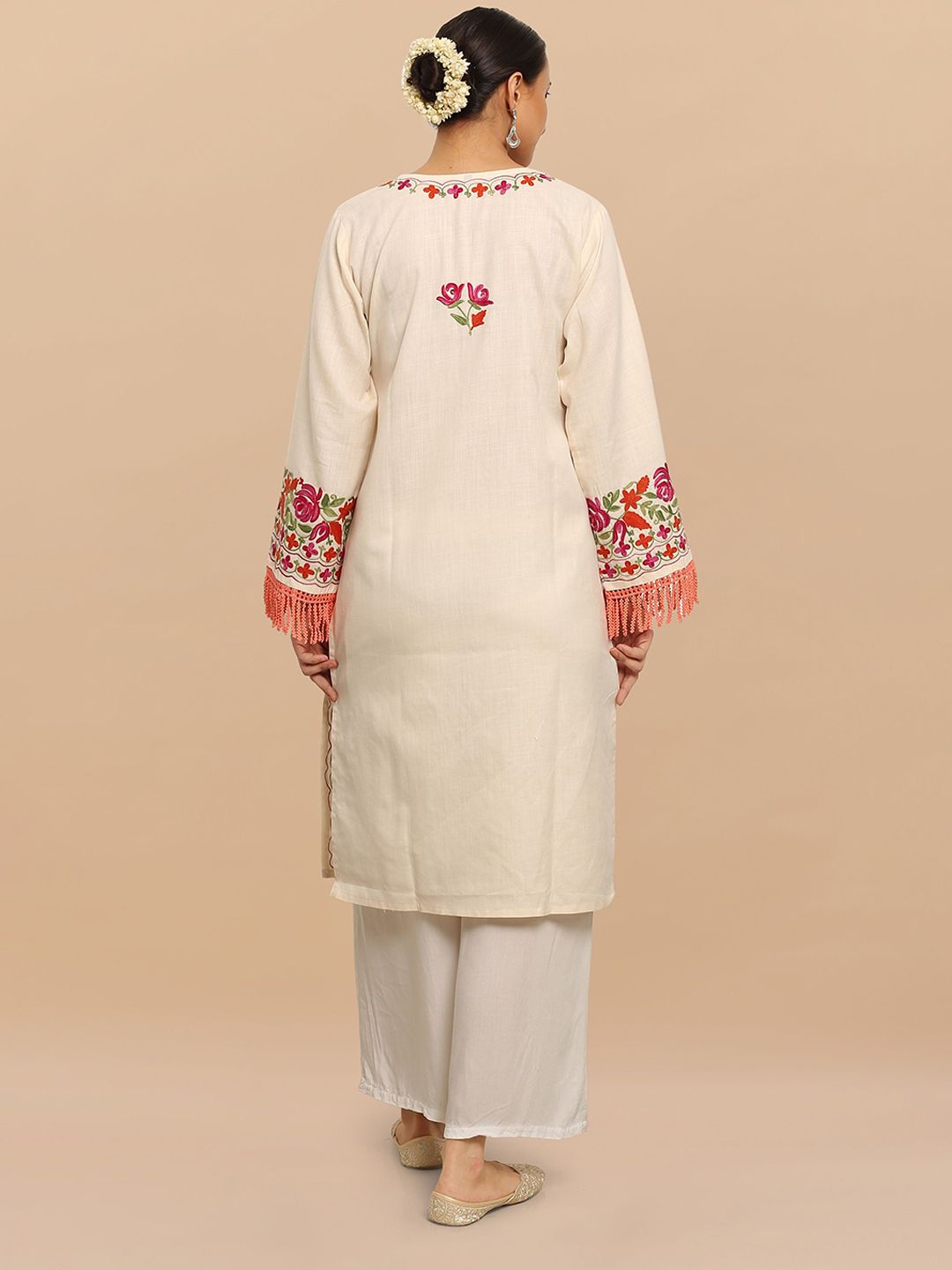 HOUSE OF KARI Floral Embroidered Cotton Falak Kashmiri Straight Kurta