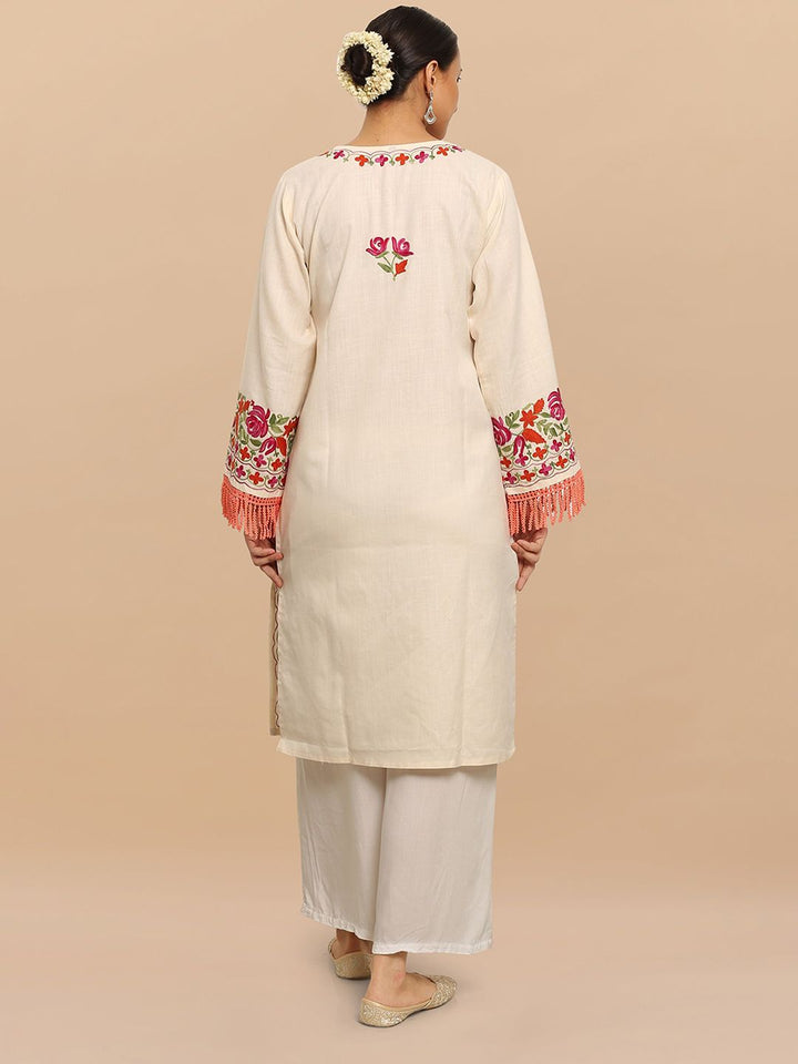 HOUSE OF KARI Floral Embroidered Cotton Falak Kashmiri Straight Kurta