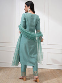 Vishudh Women Sea Embroidered New Roman Kurta with Bott0m and Nylon Organza Dupatta