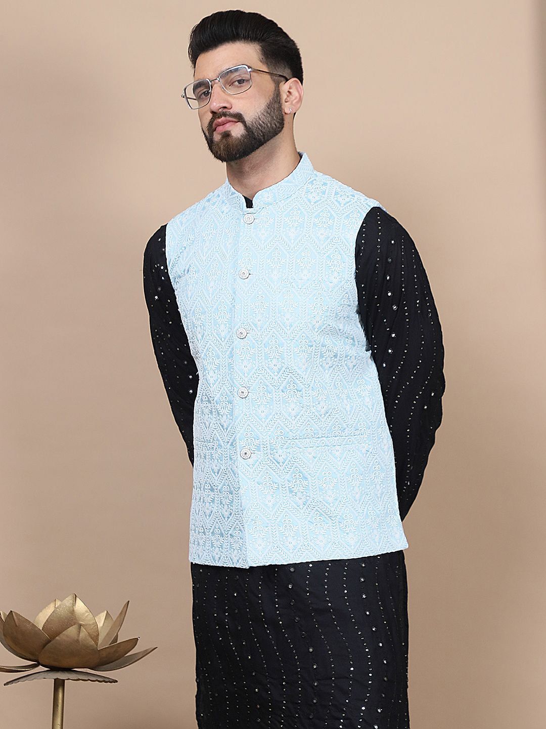 Anouk Embroidered Sequinned Pure Cotton Straight Kurta With Churidar & Nehru Jacket