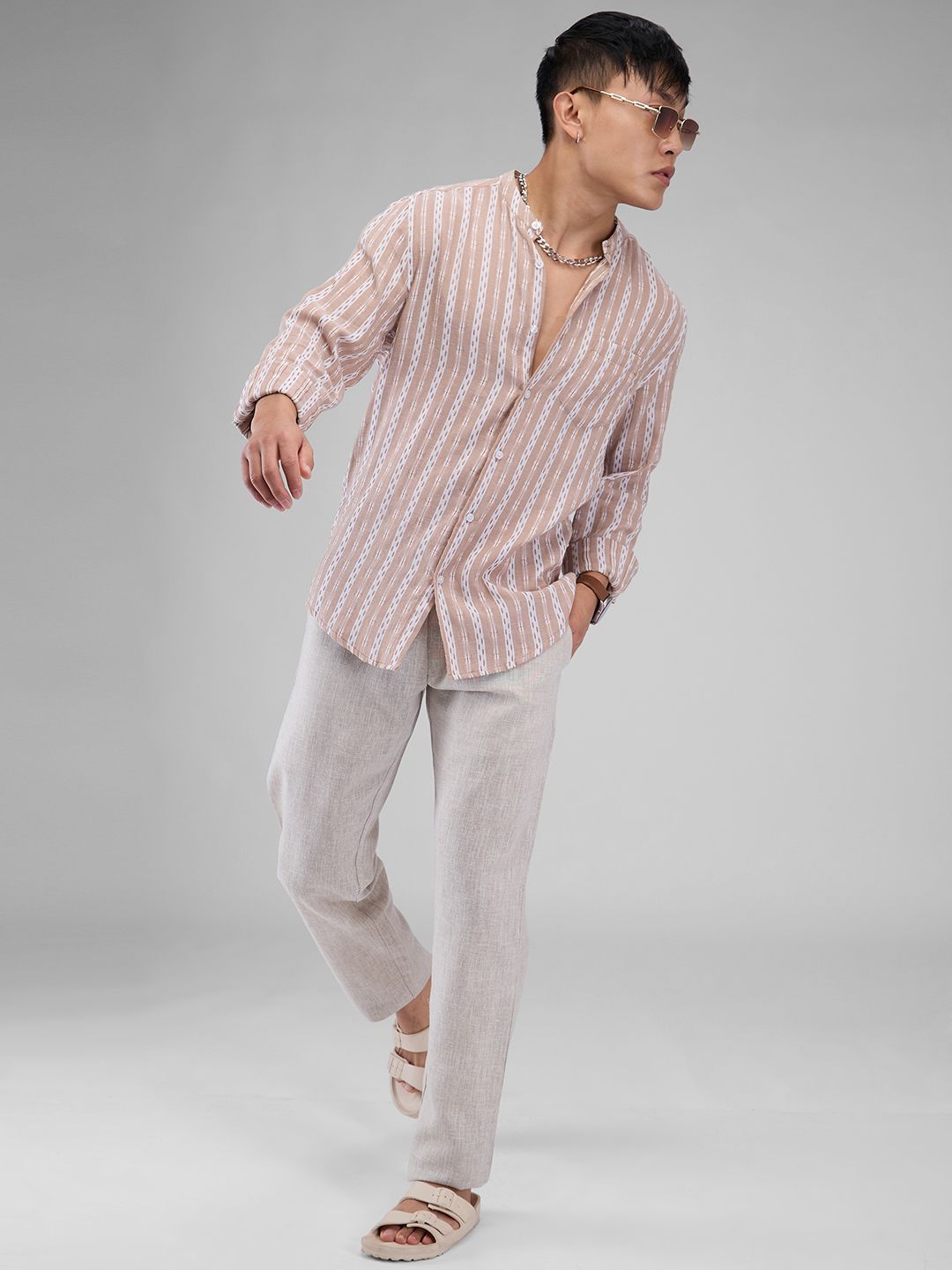 VASTRADO Men Classic Mandarin Collar Vertical Striped Cotton Slim Fit Casual Shirt