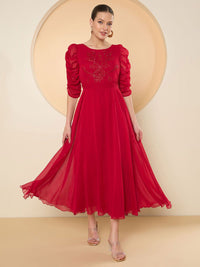 Antheaa Puff Sleeve Chiffon Maxi Dress