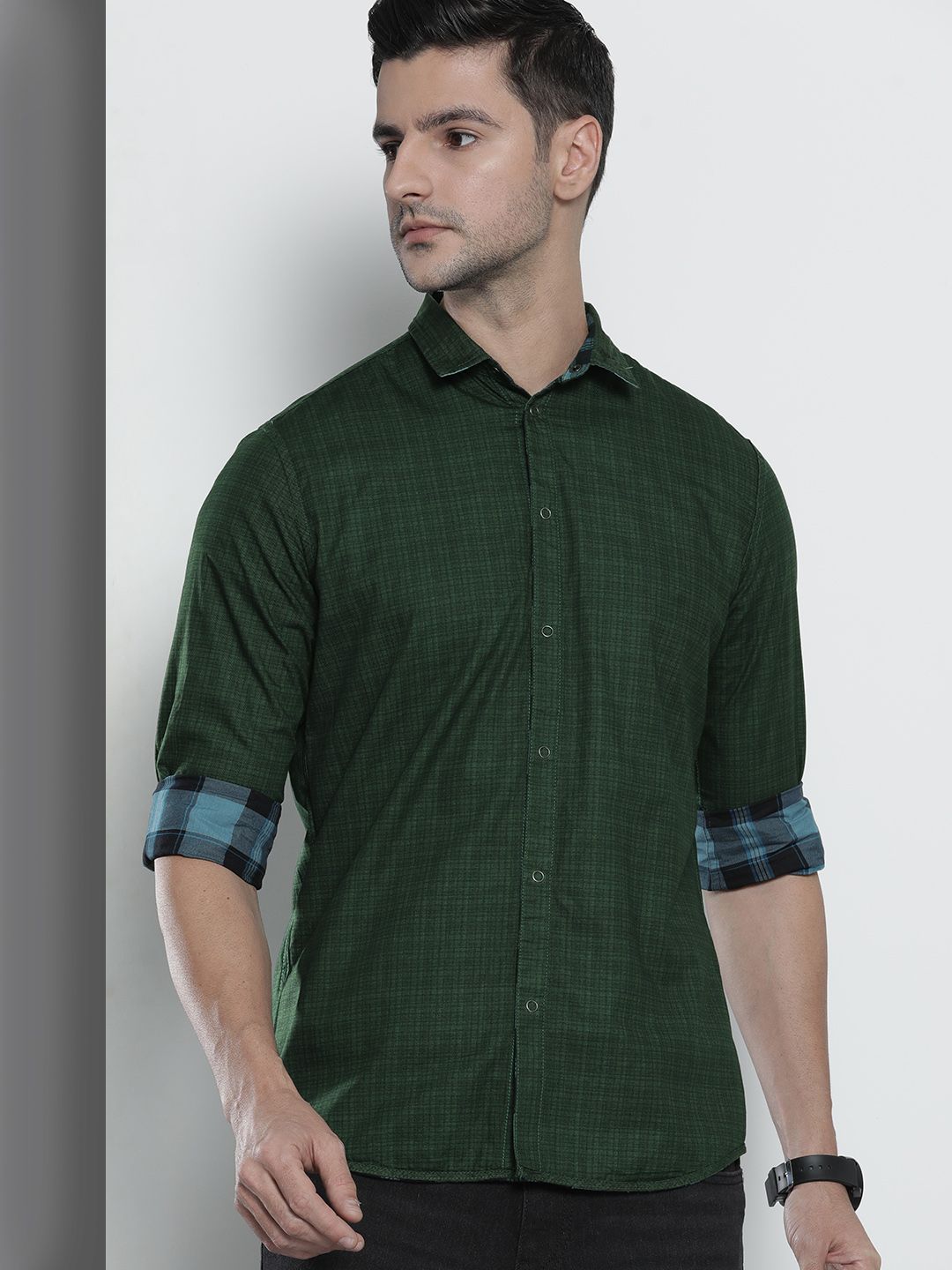 The Indian Garage Co Men Blue & Olive Green Comfort Fit Checked Reversible Cotton Shirt