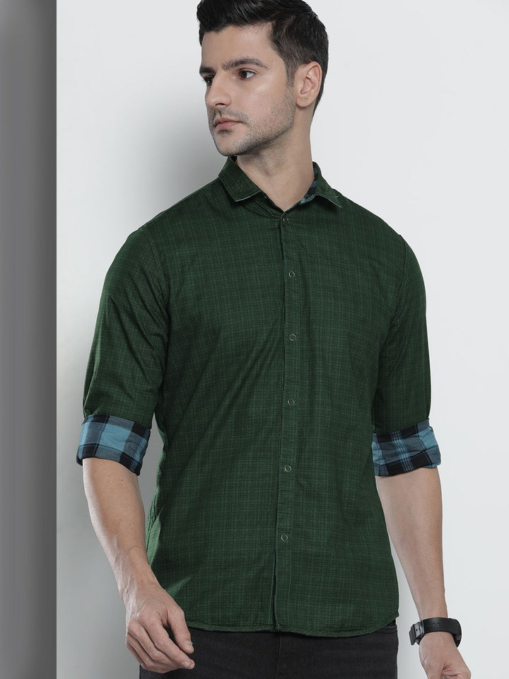 The Indian Garage Co Men Blue & Olive Green Comfort Fit Checked Reversible Cotton Shirt