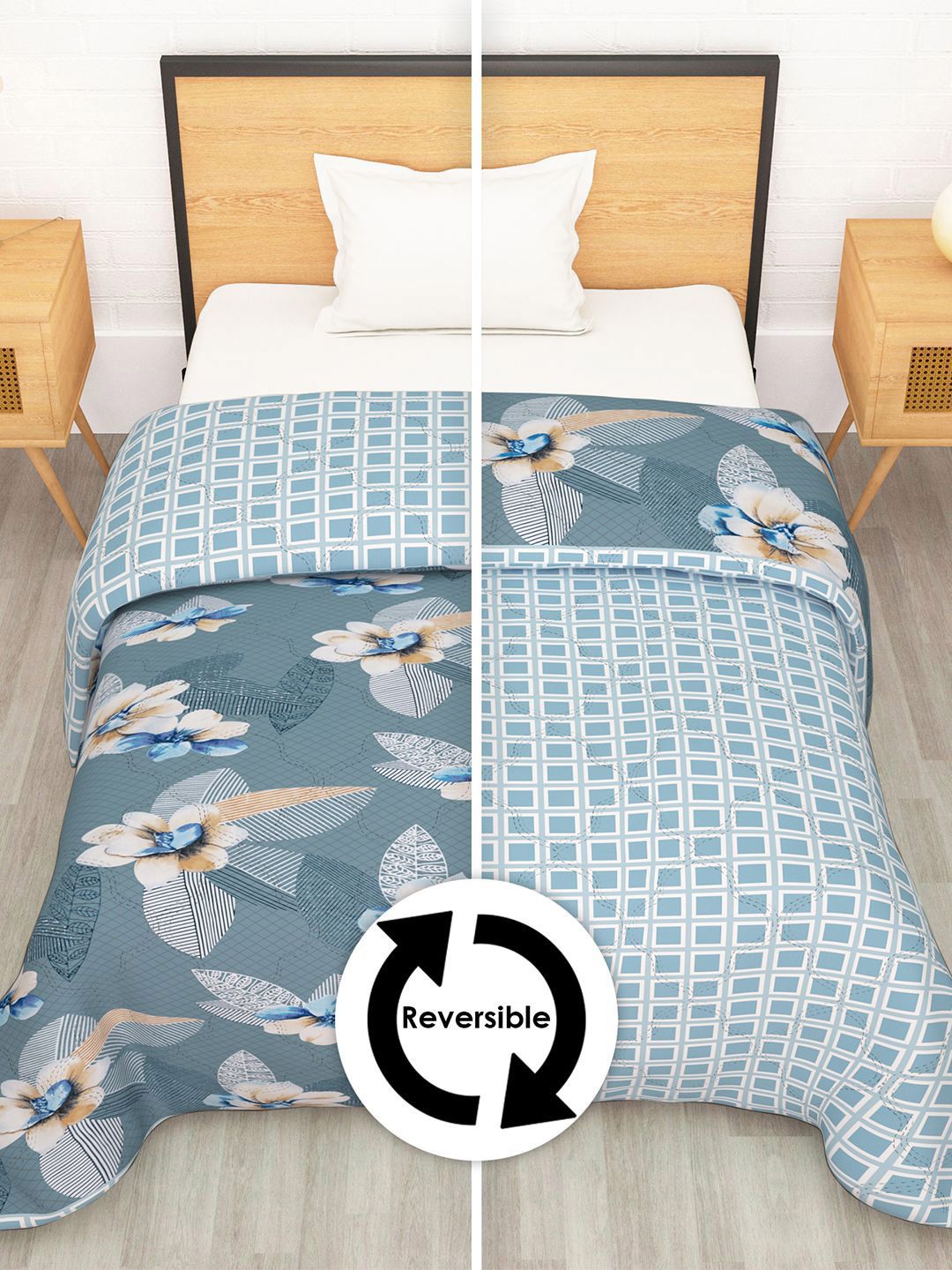 Story@home Grey & Blue Printed Reversible 120 GSM AC Room Single Bed Comforter