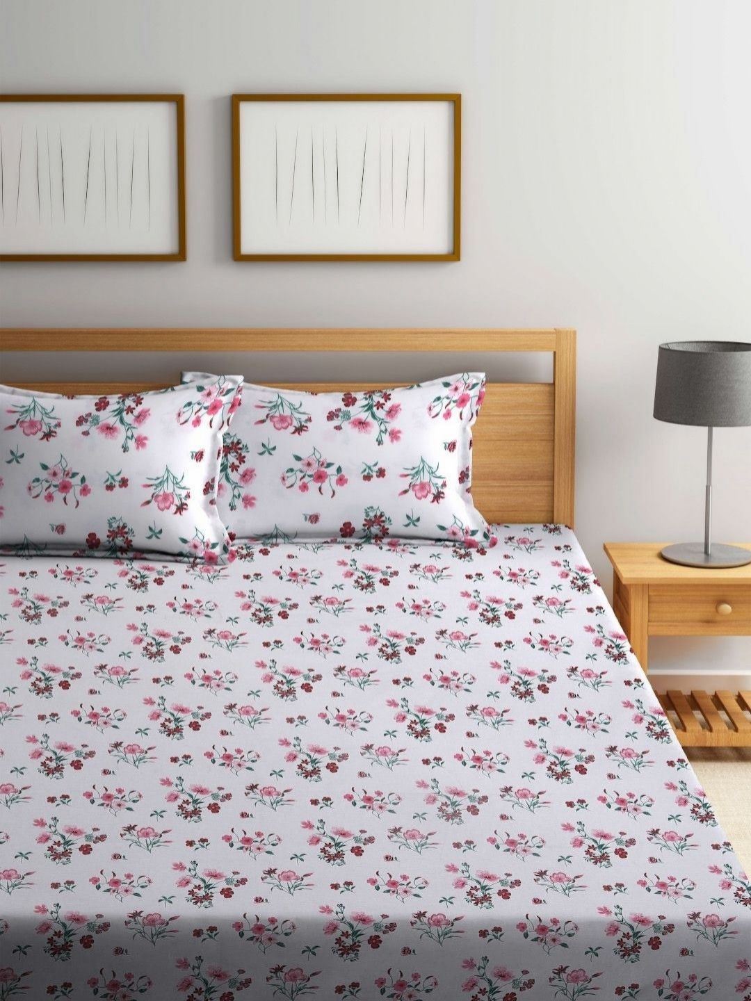 BOMBAY DYEING 525B Pink & White Floral 164 TC Pure Cotton Queen Bedsheet Set