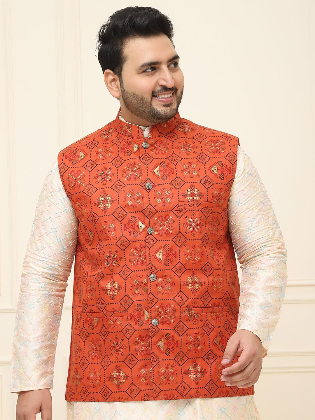 SOJANYA PLUS Lelaki Plus Size Printed Mandarin Collar Nehru Jaket