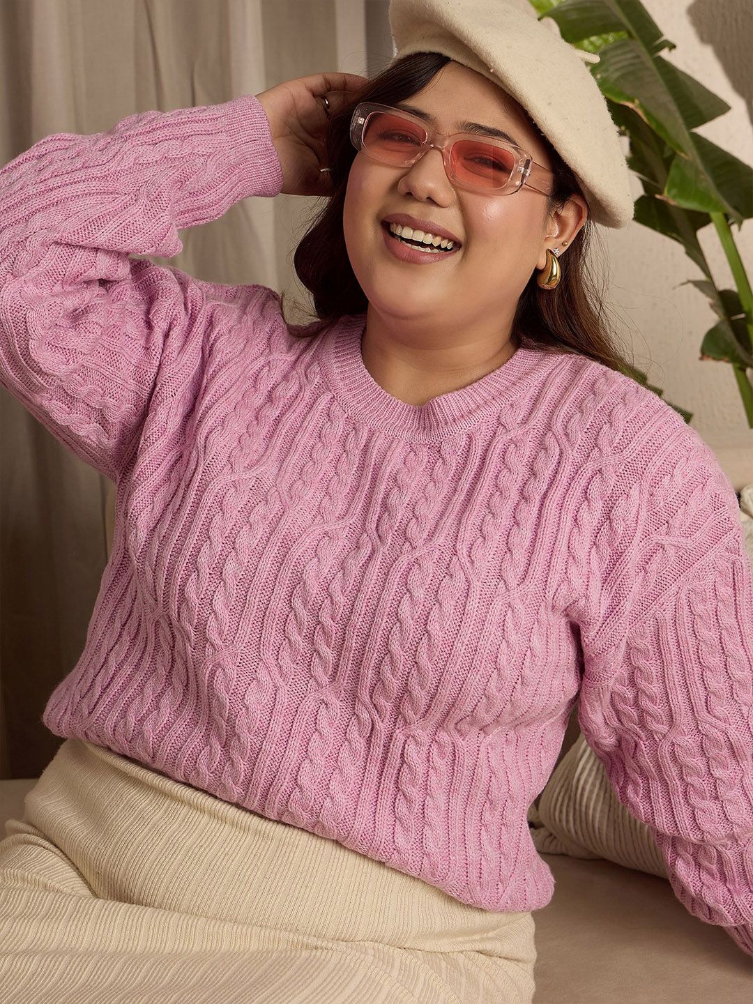 Berrylush Curve Women Cable Knit Long Sleeves Pullover
