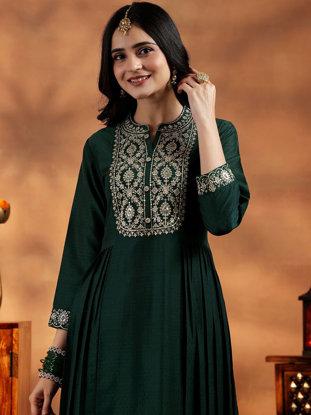 Libas Floral Yoke Design Zari Work Pleated Dobby Weave A-Line Kurta With Trouser & Dupatta