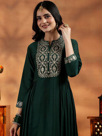 Libas Floral Yoke Design Zari Work Pleated Dobby Weave A-Line Kurta With Trouser & Dupatta