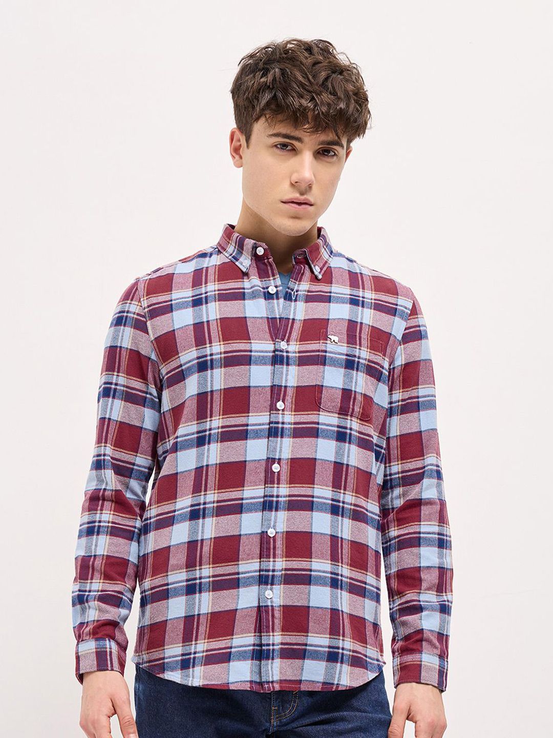 THE BEAR HOUSE Men Button-Down Collar Tartan Checked Cotton Slim Fit Shirt