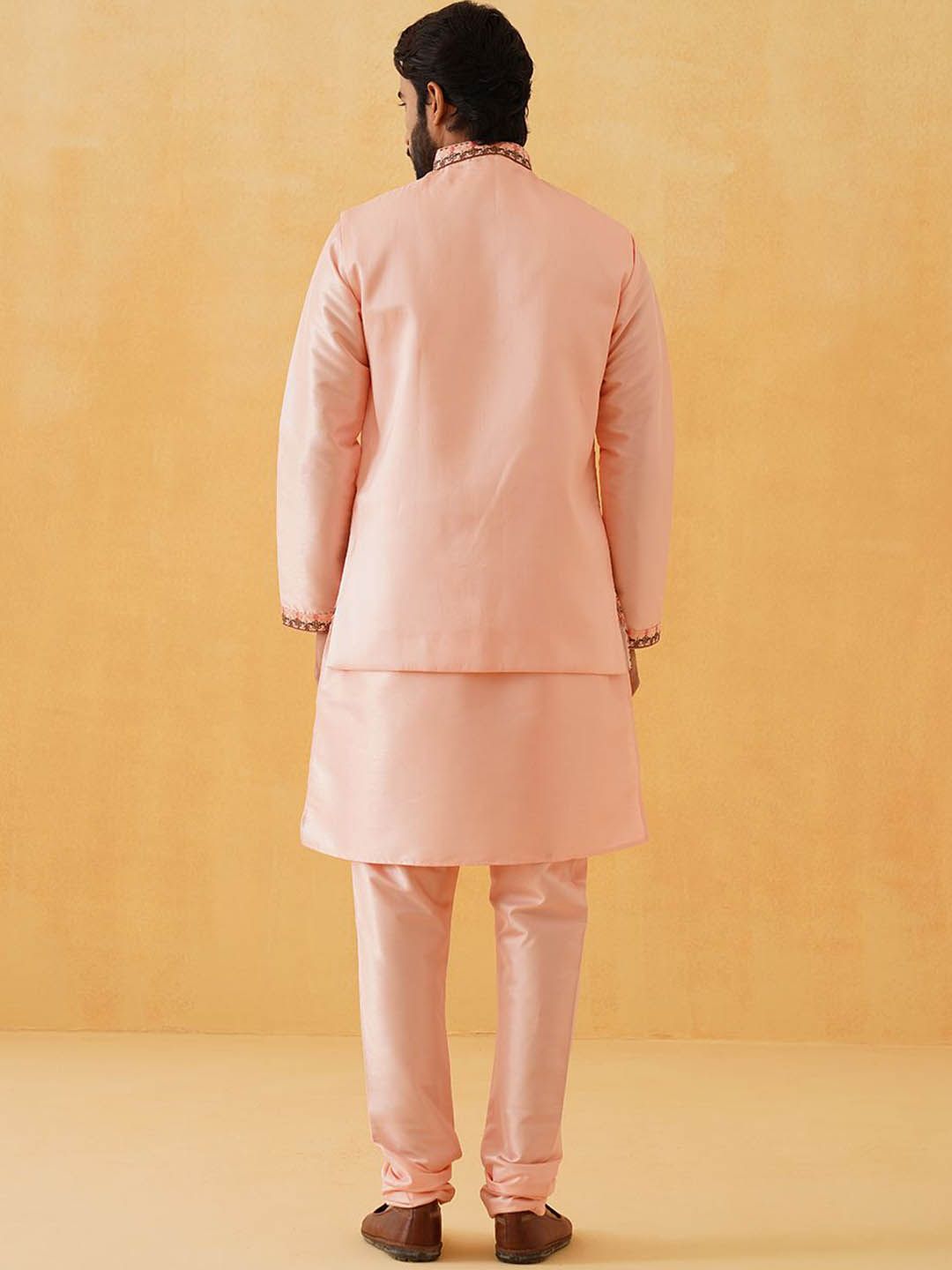 SOJANYA LUXE Thread Work Silk Cotton Straight Kurta with Churidar & Nehru Jacket