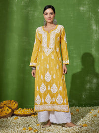 Rumah Wanita Chikankari Cotton Kuning Chikankari Sulam Kurta