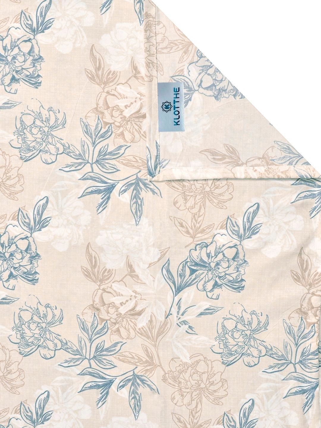 KLOTTHE Cream-Coloured & Blue Floral 300 TC King Bedsheet with 2 Pillow Covers