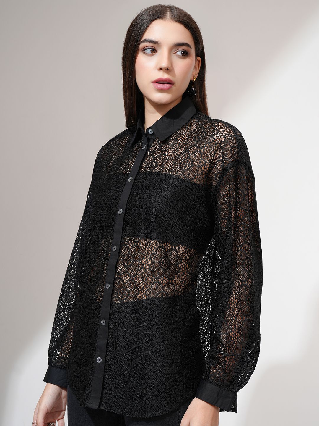 Tokyo Talkies Women Relaxed Fit Drop Shoulder Lace Shirt