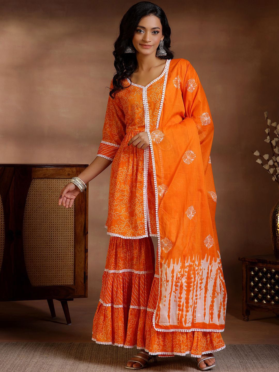 Libas Women Bandhani Printed Pleated Pure Cotton Kurti With Sharara & Dupatta